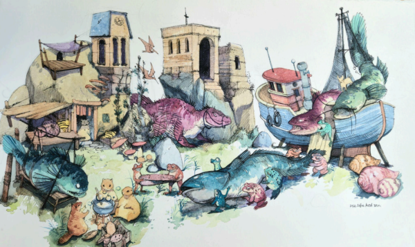 Frog Village, 2024, Watercolor on paper, 28,5 x 48,5 cm.