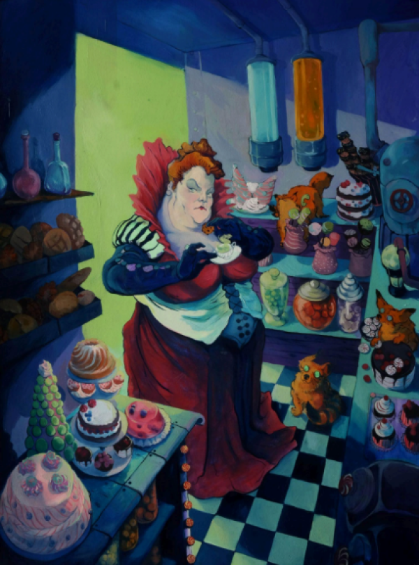 At the Patisserie, 2017, Oil on paper, 50 x 35 cm.