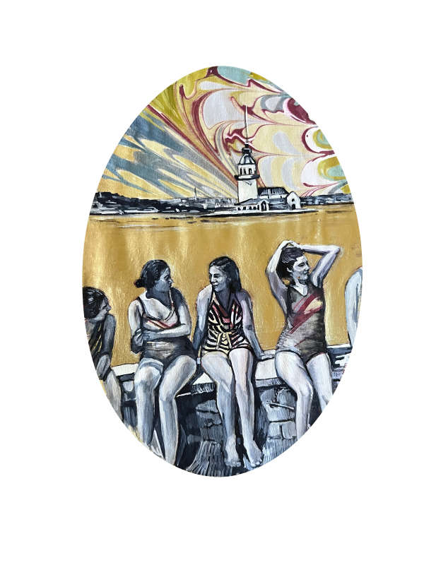 Swimmers by the Maiden's Tower, 2023, Gouache on paper, 15 x 10 cm.