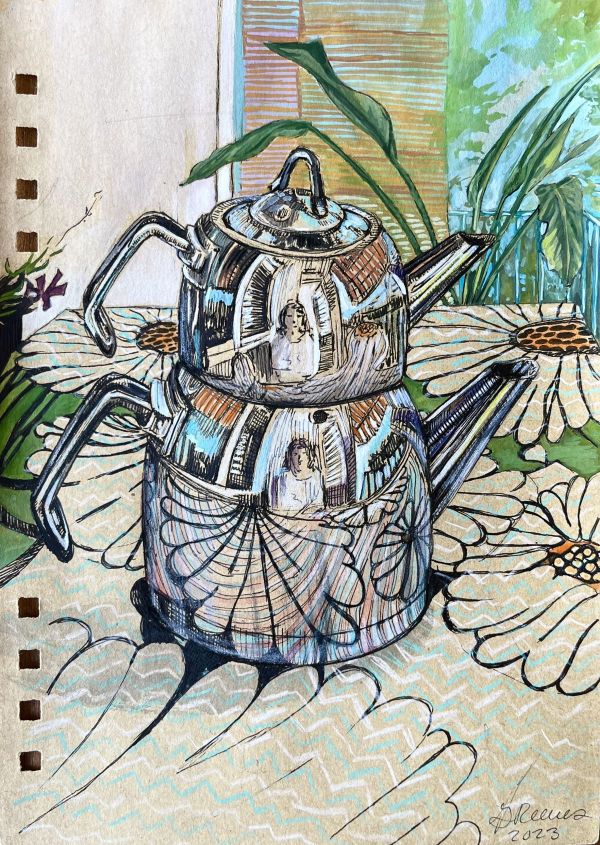 Tea Kettle, 2023, Mixed media on paper, 15 x 20 cm.