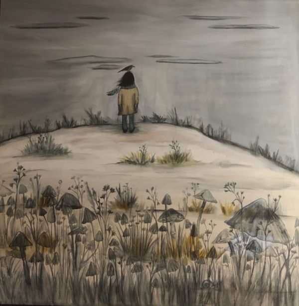 Mono No Aware, 2019, Acrylic and watercolour pencil on canvas, 120 x 120 cm.