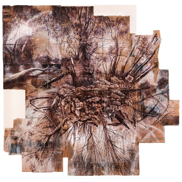 Stowed Max Stack, 2023, Mixed media on canvas, 166 x 174 cm.