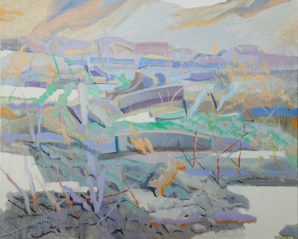 Wall and Fence Arrangement, 2023, Oil on canvas, 90 x 110 cm.