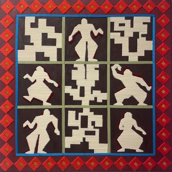 Untitled, 2026, Paint and embroidery on fabric, 55 x 55 cm.