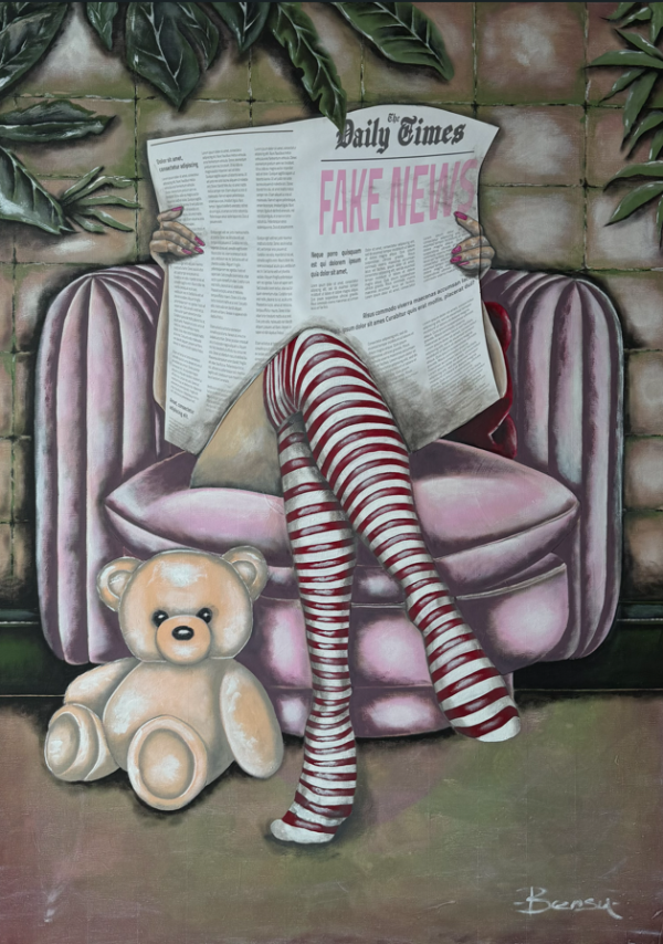 Fake News, 2025, Acrylic paint and collage on canvas, 70 x 100 cm.