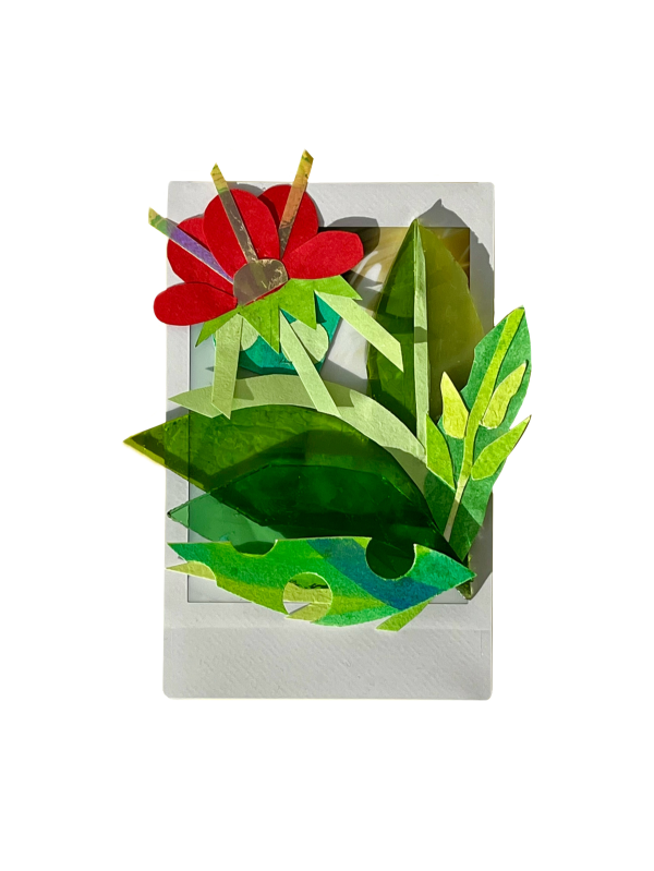 I Remember, 2025, Mixed media collage with recycled glass and paper on polaroid photograph, 13 x 18 cm.