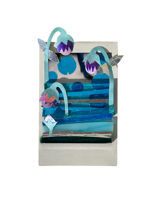 I Remember, 2025, Mixed media collage with recycled glass and paper on polaroid photograph, 13 x 18 cm.