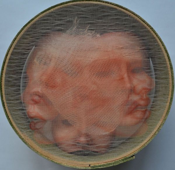 Their soul didn't exist, but their bodies were very heavy.' Series- Deep, 2021, Mixed Techniques on Sieve, 29,5 x 29,5 x 9 cm.