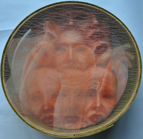 'Their soul didn't exist, but their bodies were very heavy.' Series- Escape, 2021, Mixed Techniques on Sieve, 37,5 x 38,5 x 10 cm.