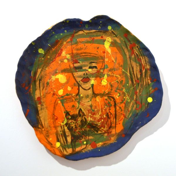 Cat - Girl, 2023, Yellow chamotte, brush decor, hand sculpting, 45 x 3 cm.