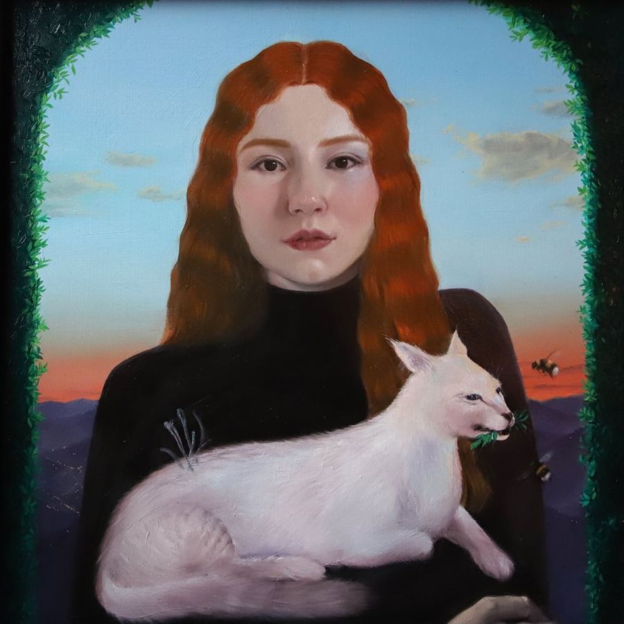 Maria Roza, “Selfportrait with the Grimalkin", 2022, Oil on aluminum, 39,5 x 39,5 cm