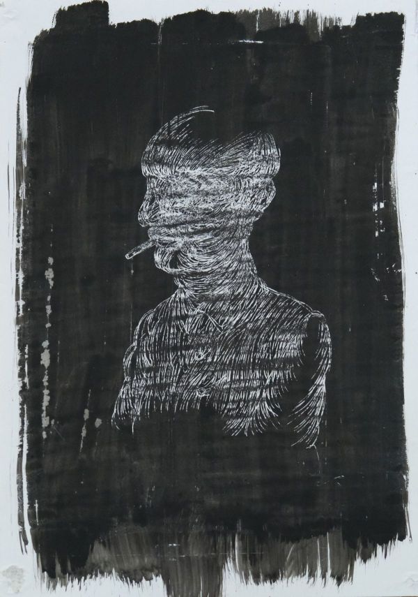 MAN WITH A CIGARETTE 2, 2026, Mixed media on cardboard, 38 x 26,5 cm.