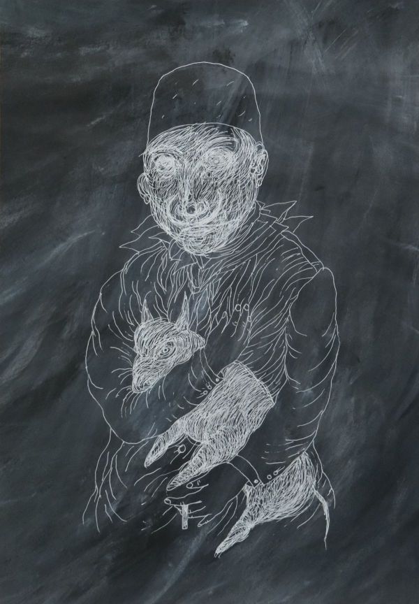MAN WITH A DOG, 2026, Mixed media on paper, 54,5 x 38 cm.