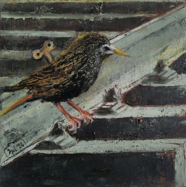 Starlet Bird Falling from Cloud, 2024, Oil on canvas, 20 x 20 cm.