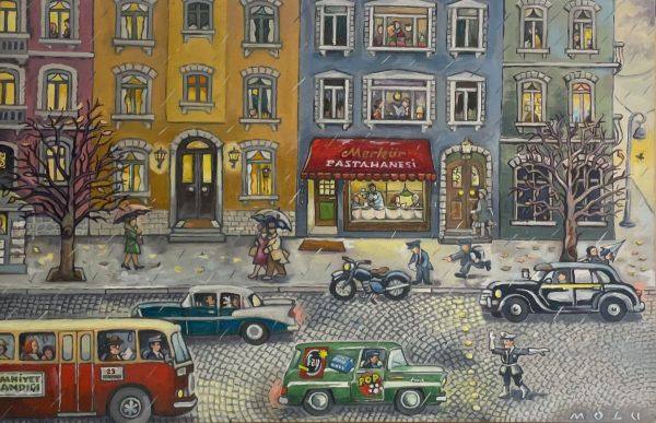 Şehirde Yağmurlu Akşamüstü, 2019, Oil painting on hardboard, 35,5  x 23,5 cm.