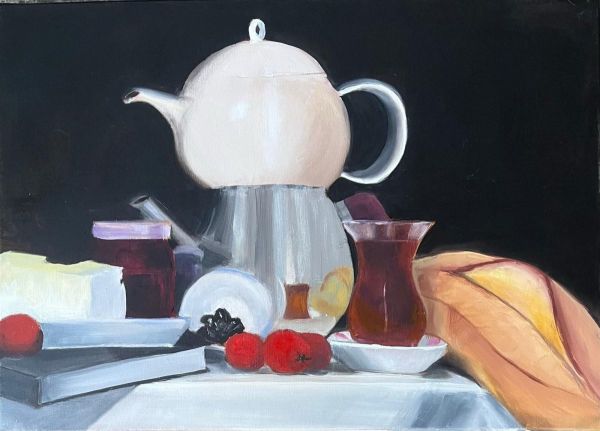 Perspektif 4: Caravaggio’s Breakfast, 2023, Oil on canvas, 50 x 70 cm.