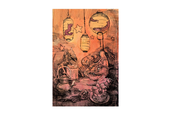 Afternoon Tea III, 2024, Acrylic and watercolor on paper, 18 x 12.5 cm