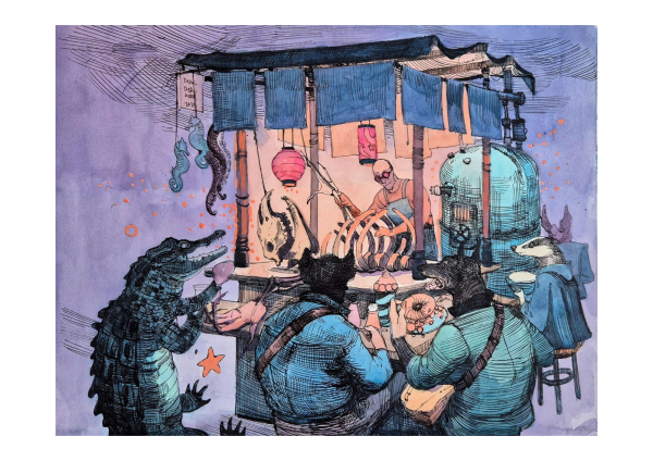 Bistro, 2025, Acrylic and watercolor on paper, 25 x 32.5 cm
