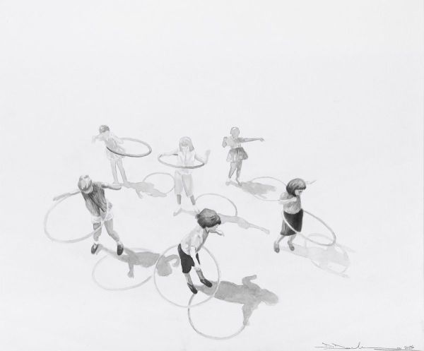Children Engaged in Play, 2025, Ink on paper, 46 x 37 cm.