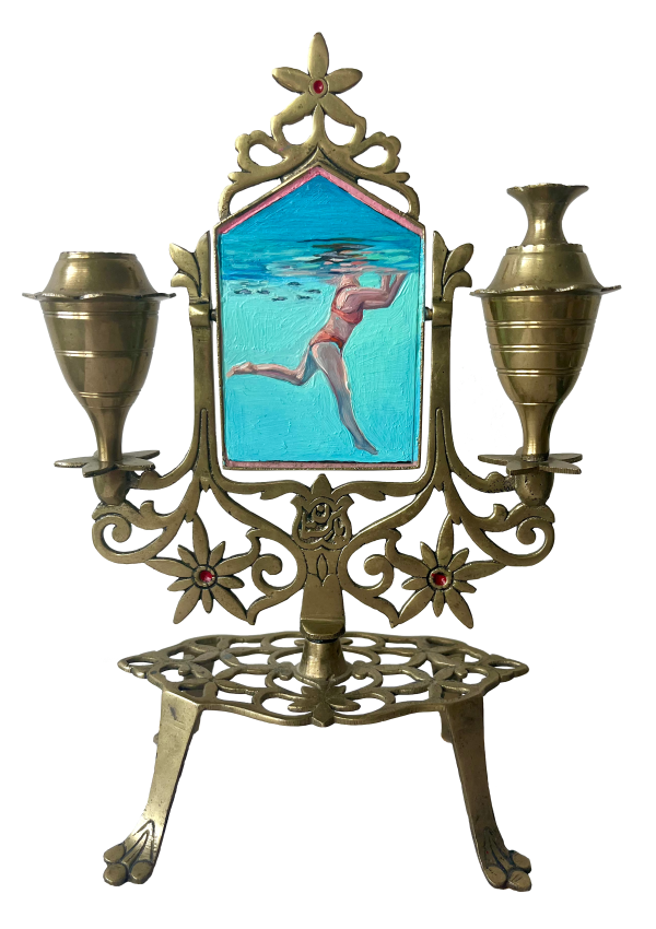 Afloat, 2025, Oil on found materials, 19 x 10 cm.