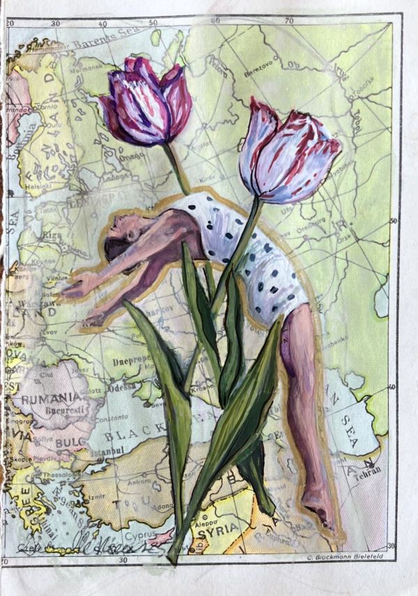 Between, 2025, Gouache on Found Paper, 11 x 8 cm.