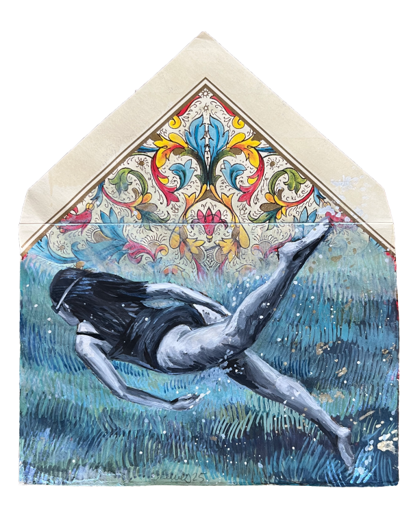 Depth, 2025, Gouache on Found Paper, 13 x 11 cm.