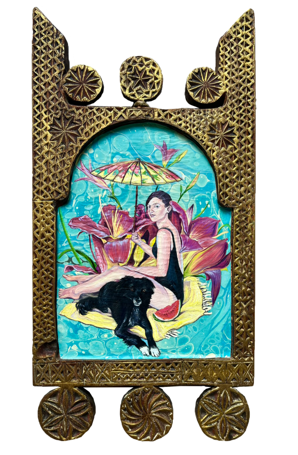 Dido, 2025, Oil on marbled paper and found materials, 35 x 25 cm.