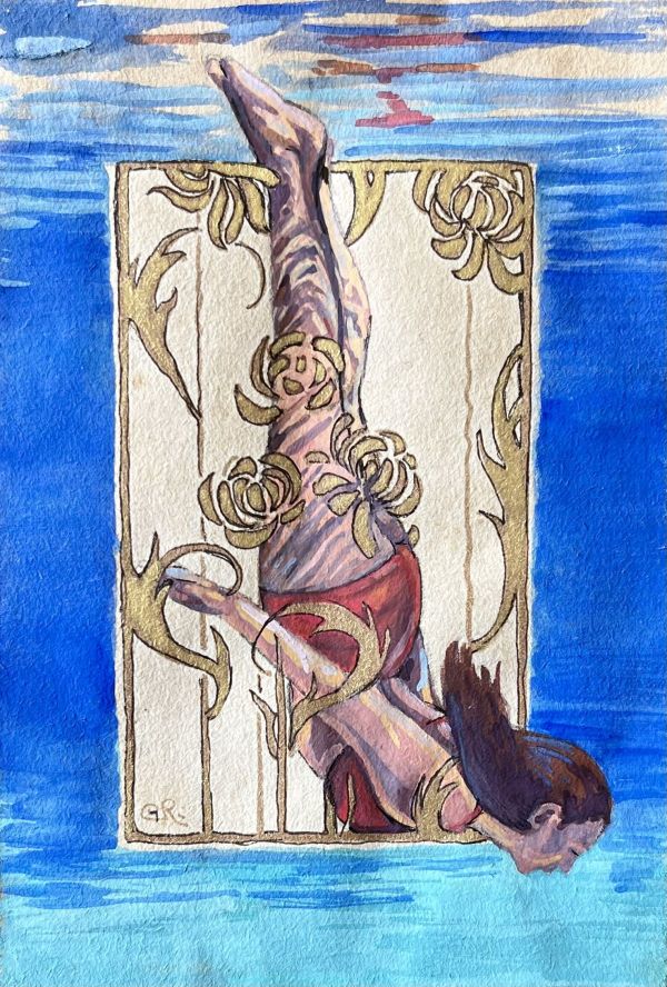 Dive Deep 3, 2024, Gouache on Found Paper, 11 x 8 CM.