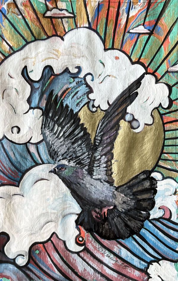 Flight 2, 2025, Gouache on marbled paper, 15 x 13 cm.