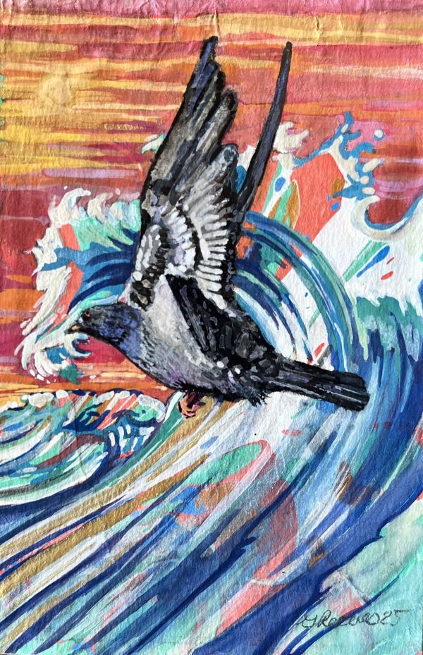 Flight, 2025, Gouache on marbled paper, 13 x 11 cm.