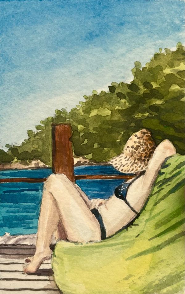 Reclined, 2024, Watercolor on paper, 10 x 6,5 cm.
