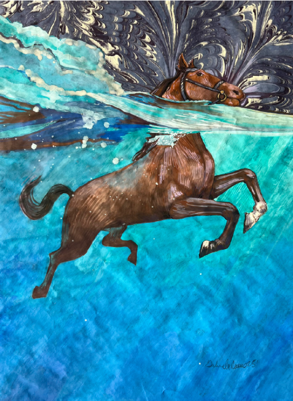 Ascent, 2025, Gouache on marbled paper, 28 x 22 cm.