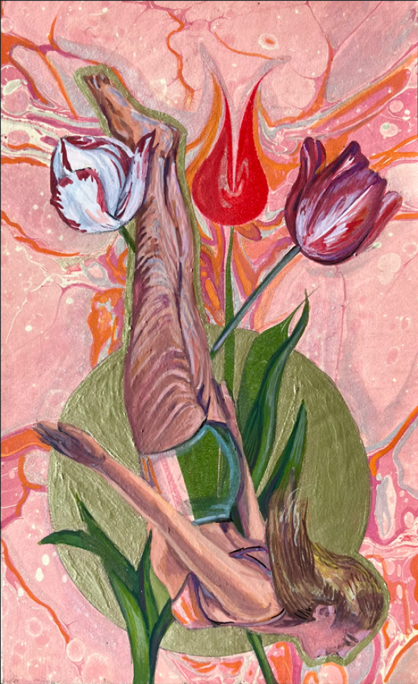 Dive Deep 2, 2025, Gouache on marbled paper, 20 x 17 cm.