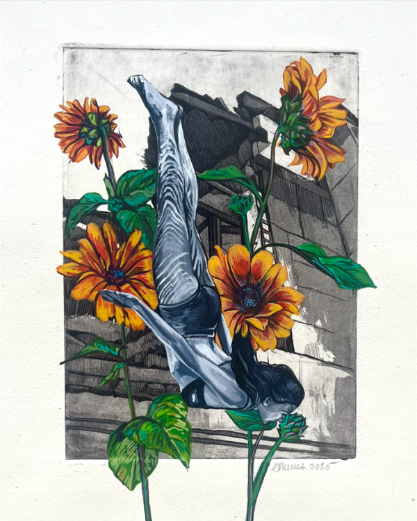 Dive Deep, 2025, Gouache on marbled paper, 23 x 15 cm.