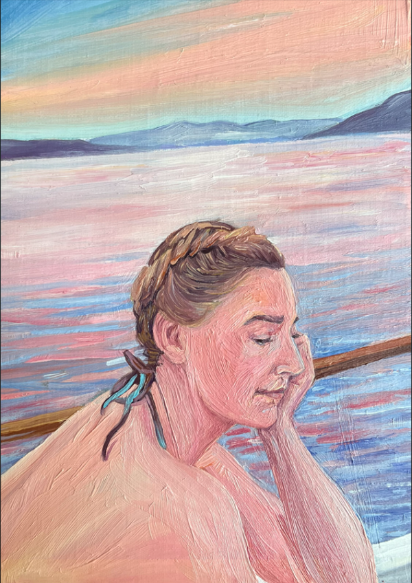 Masha at Sunset, 2025, Oil on linen and found materials, 23 x 15 cm.