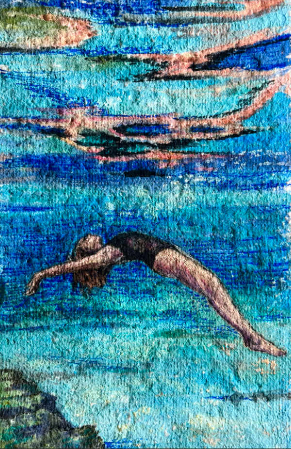 Suspended 2, 2024, Gouache on handmade paper, 48 x 32 cm.