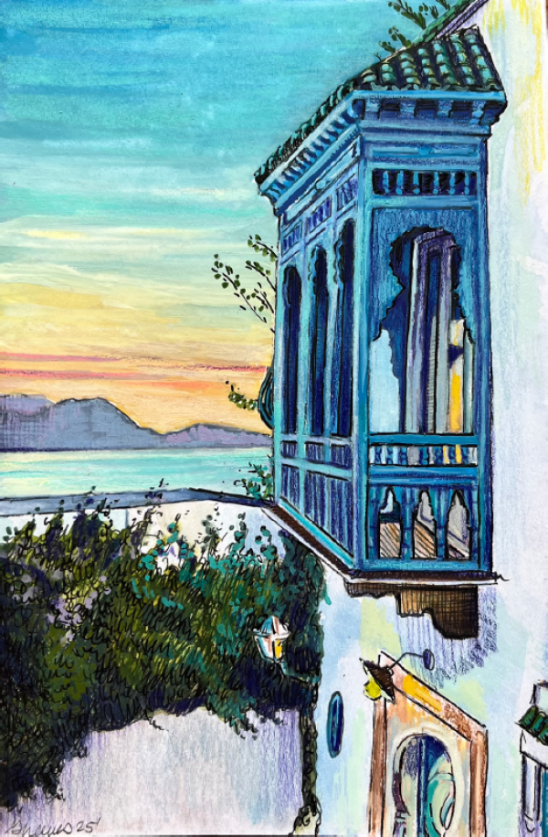 Sidi Bou Said, 2025, Mixed technique on paper, 15 x 11 cm.