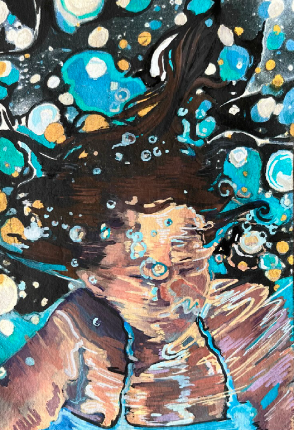 Flow State, 2025, Gouache on marbled paper, 10 x 8 cm.