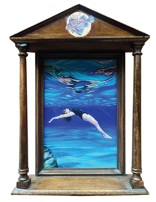 Suspended, 2025, Oil on copper and found materials, 31 x 23 cm.