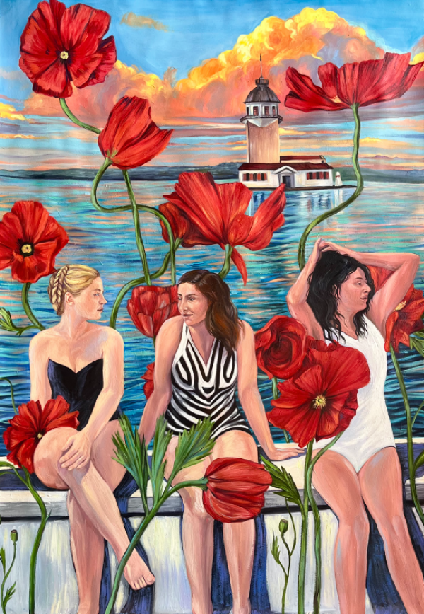3 Graces with Maiden's Tower, 2025, Oil on paper, 99 x 70 cm.