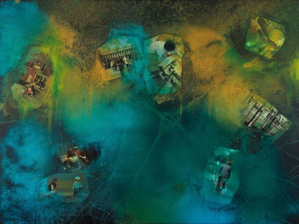 Fractal Myths: Coming and Going 001, 2025, Acrylic, collage and mixed media on canvas, 105x140 cm