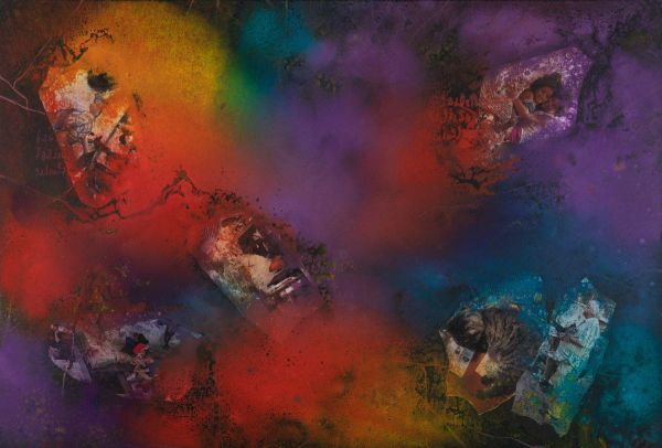 Fractal Myths: Happiness 010, 2025, Acrylic, collage and mixed media on canvas, 78x115 cm.