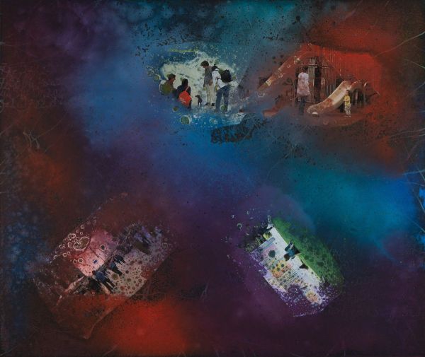 Fractal Myths: Let It Fly 016, 2025, Acrylic, collage and mixed media on canvas, 80x110 cm.