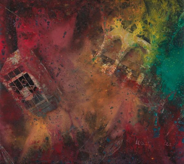 Fractal Myths: Ancient Passage 002, 2022, Acrylic, oil collage and mixed media on canvas, 50x45 cm
