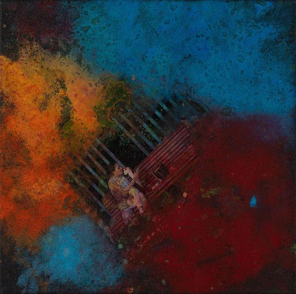 Fractal Myths: Stillness of waiting 0025, 2025, Acrylic, collage and mixed media on canvas, 30x30 cm.