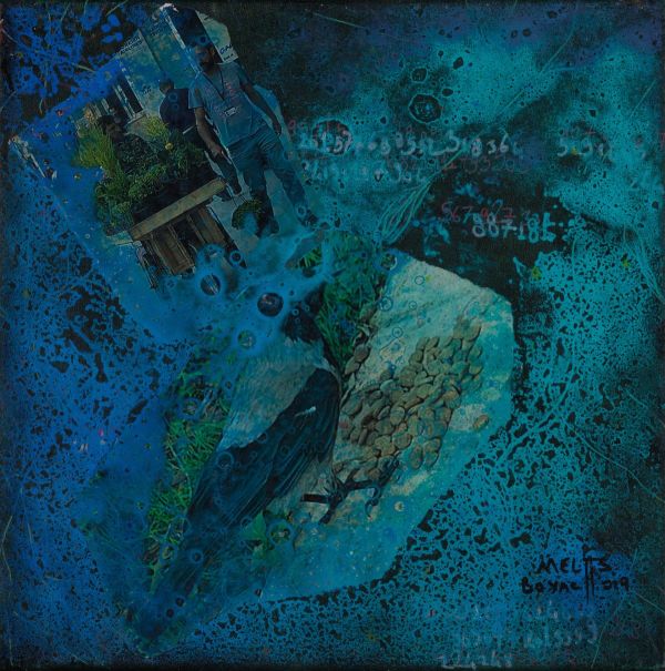 Fractal Myths: Carried Away 036, 2019, Acrylic, collage and mixed media on canvas, 30x30 cm.