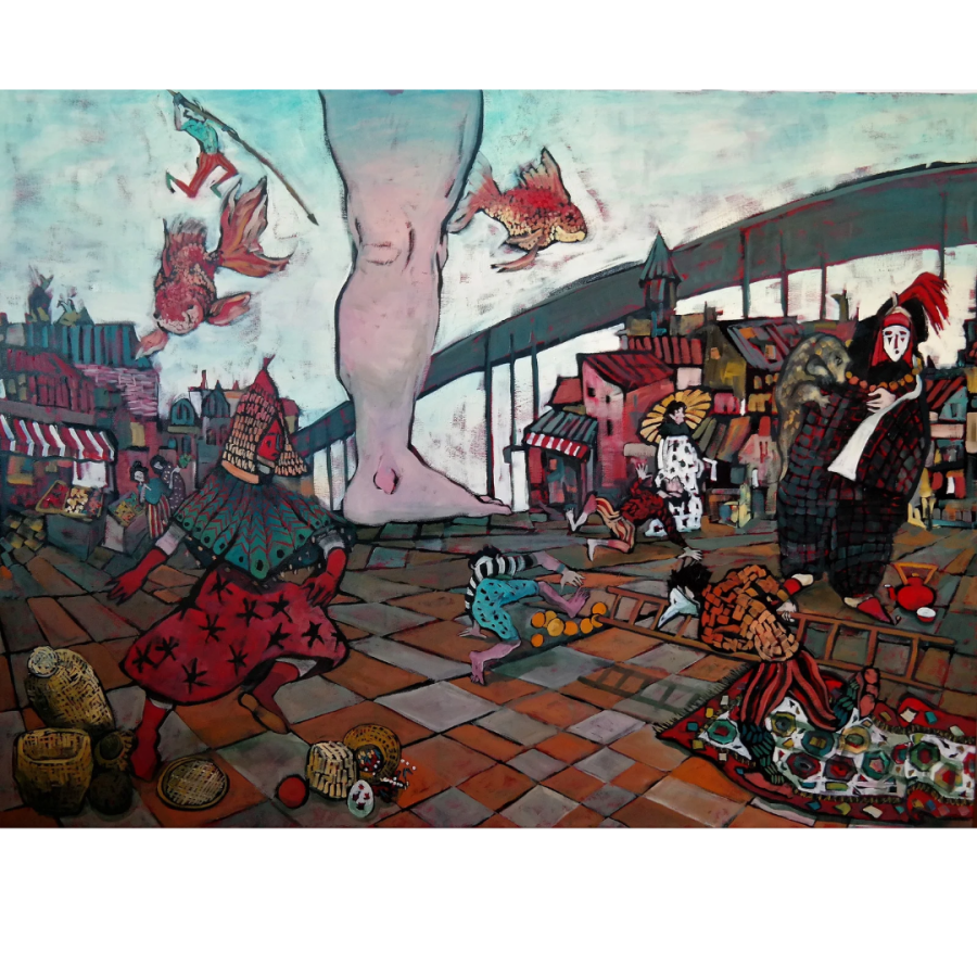 Su Alara Acerol, "Chaos in the Market Place", Oil on canvas, 90 x 120 cm.