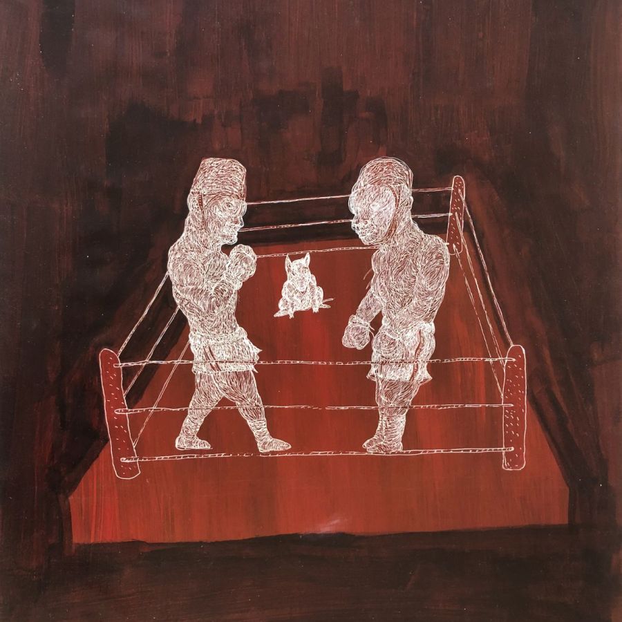 "Boxing Match", 2024, Mixed media on paper, 63,5 x 51 cm.