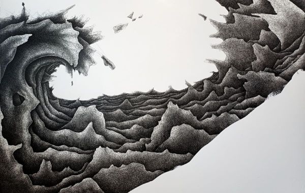 Fractus 100, 2025, Ink application on canvas, 130 x 200 cm.